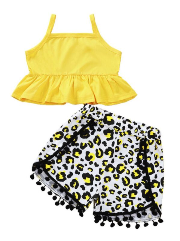 2-Piece Baby Girl Leopard Set Cami Top & Pom Pom Shorts