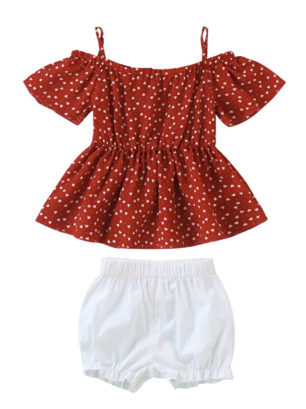 2-Piece Baby Girl Love Off Shoulder Top and White Shorts Set