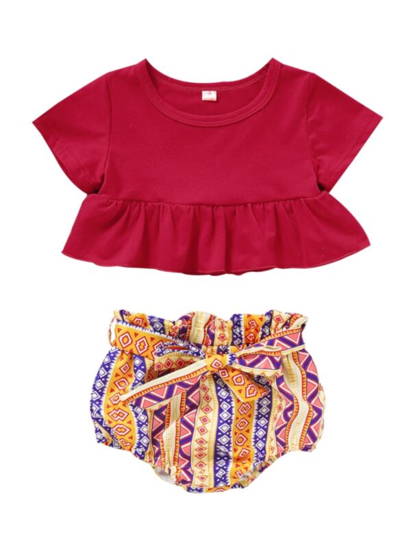 2-Piece Baby Girl Red Top and Belted PP Shorts Set