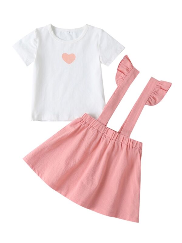 2-Piece Little Girl Love T-shirt and Pink Suspender Skirt Outfits