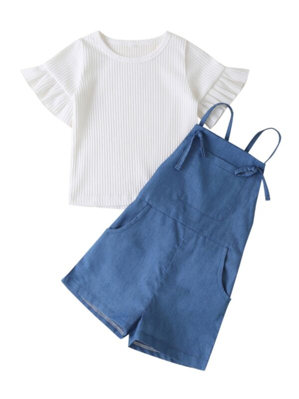 2-Piece Little Girl White Ribbed Top and Blue Tank Jumpsuit Outfits