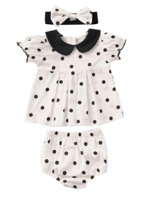 Three-Piece Baby Polka Dots Outfit Peter Pan Collar Top + Bread Pants + Hairband