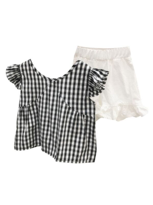 2-Piece Little Girl Plaid Top and White Ruffle Shorts Set