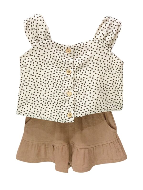 2-Piece Little Girl Fashion Polka Dots Outfit Top & Ruffle Hem Shorts