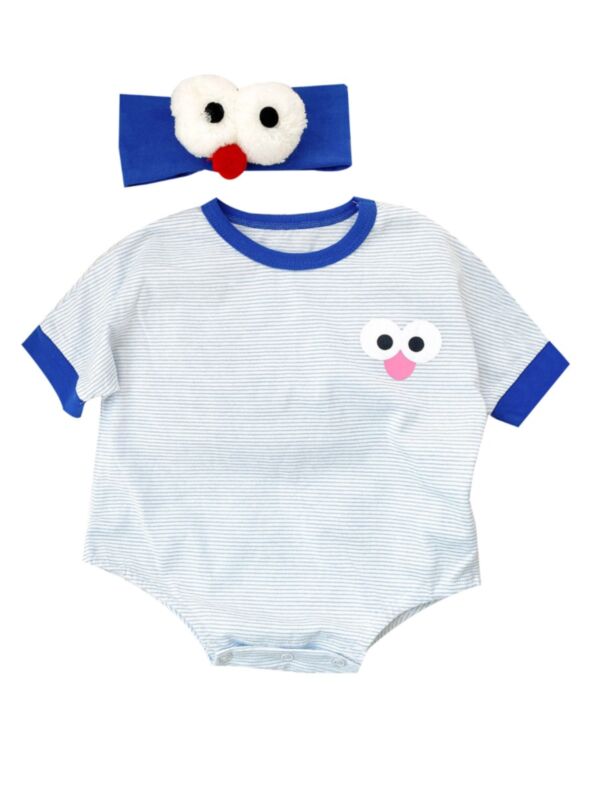 2-Piece Baby Stripe Bodysuit Matching 3D Eyes Headband 