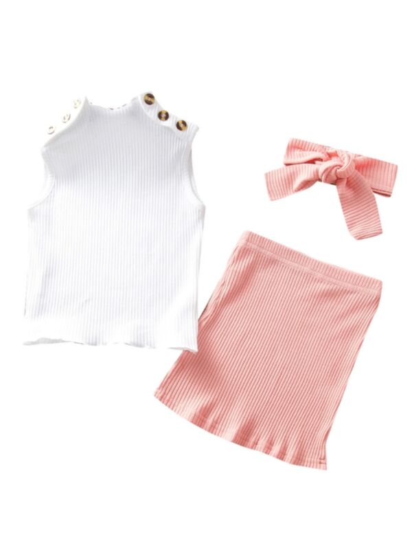 3-Piece Stylish Ribbed White Tank Top and Pink A-line Skirt Hair Band Outfits