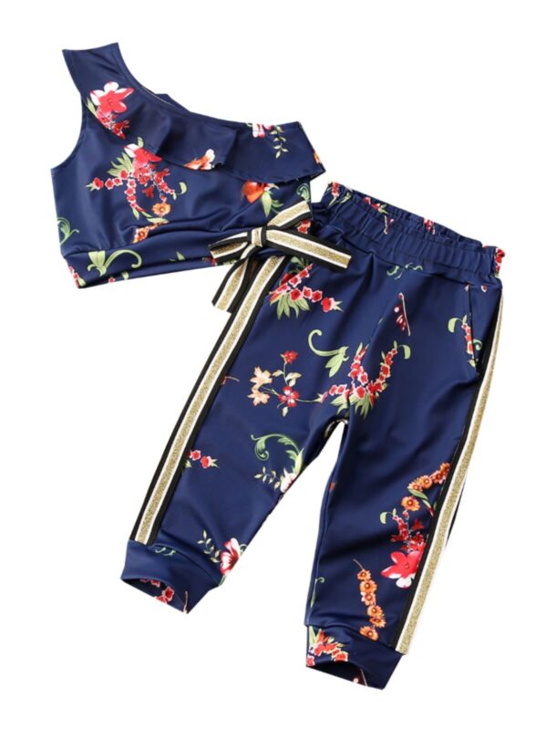 2 PCS Little Girl Printed Set One-shoulder Top & Flower Pants