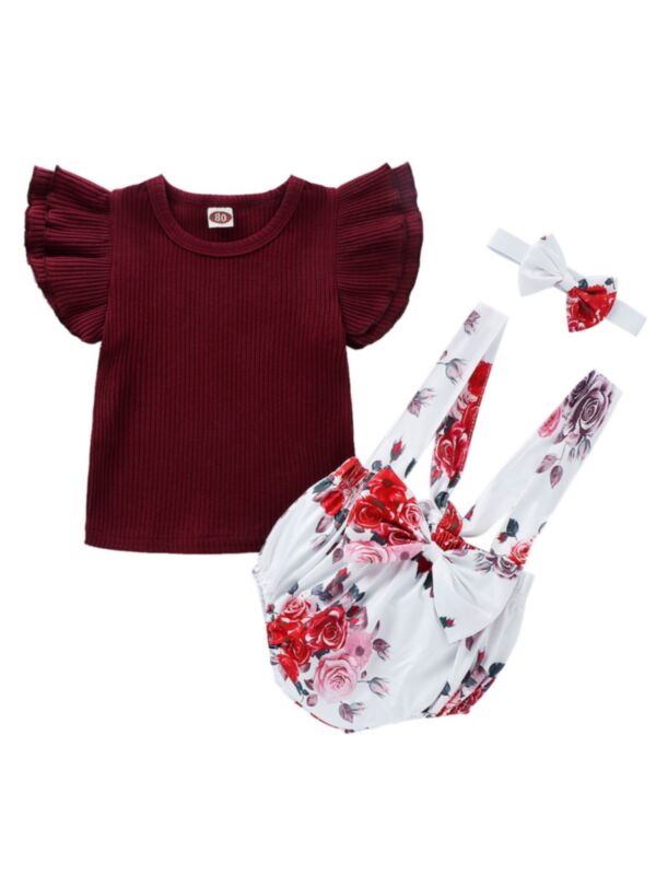 3-Piece Ribbed Floral Baby Girl Outfit Flutter-sleeve Top & Suspender Shorts & Headband