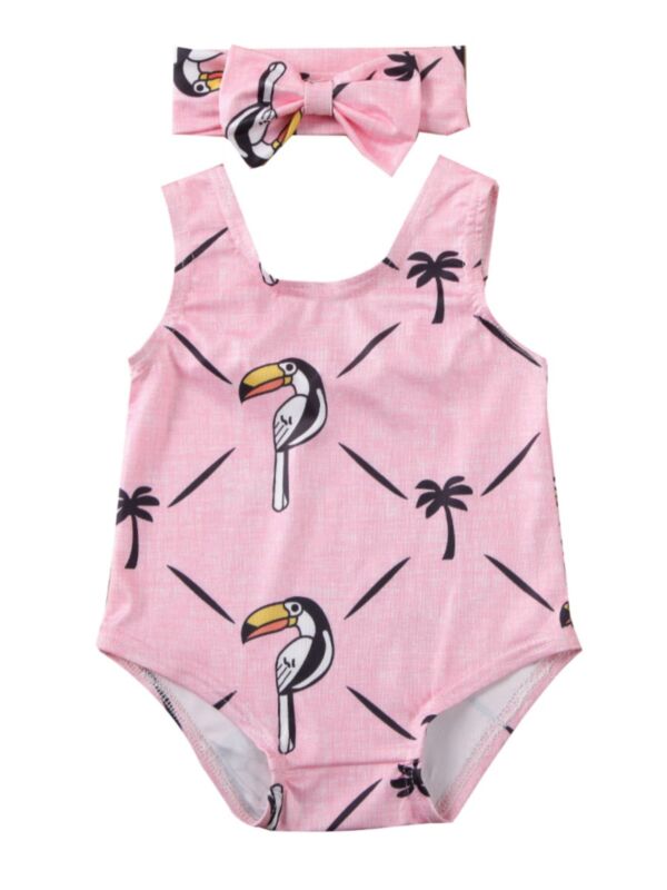 2-Piece Baby Girl Printed One-piece Bathing Suit and Headband 