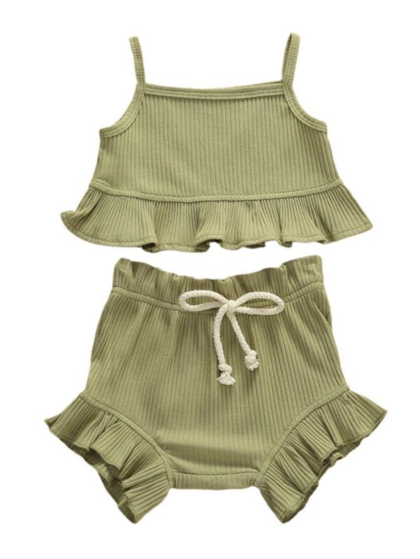 2-Piece Baby Girl Solid Color Ribbed Ruffle Top and PP Shorts Set