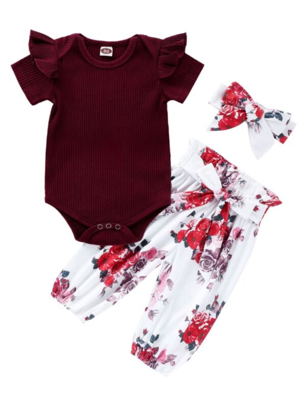 3-Piece Ribbed Floral Baby Girl Set Flutter-sleeve Bodysuit & Belted Trousers & Headband