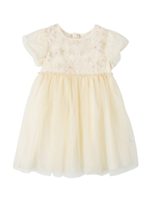 Kid Girl 3D Flowers Princess Party Mesh Dress In Beige