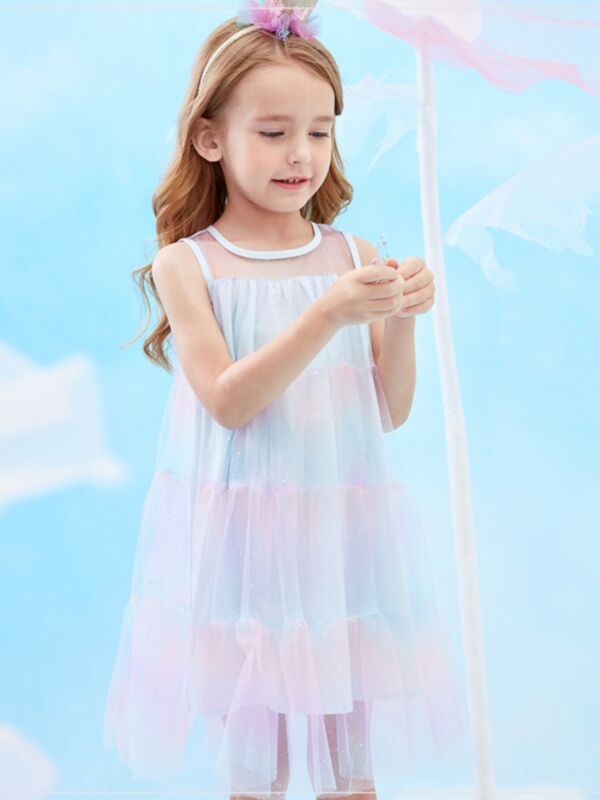 Little Girl Gradient Sequins Mesh Sleeveless Dress
