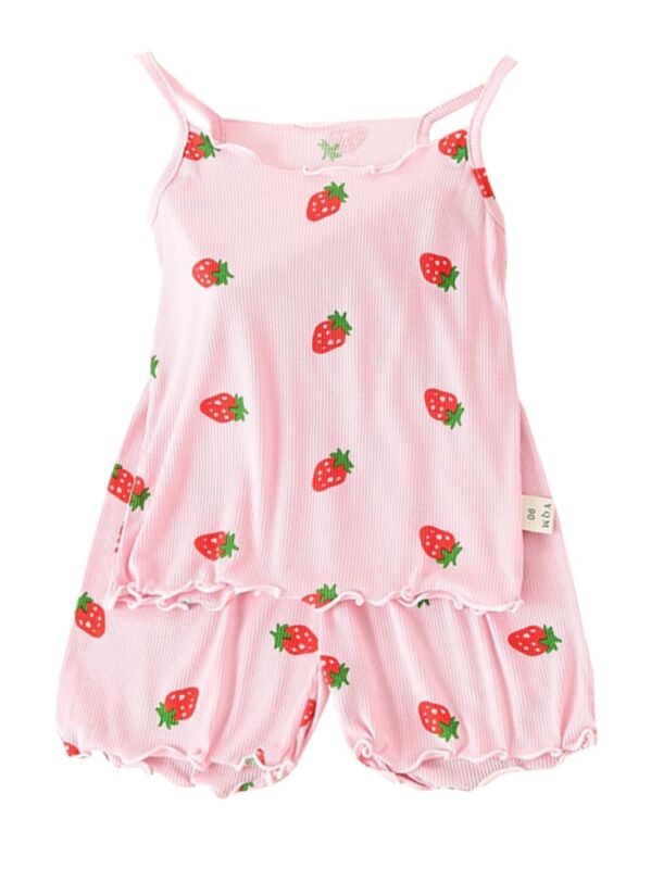 Two Piece Girl Strawberry Ribbed Set Cami Top + Shorts 