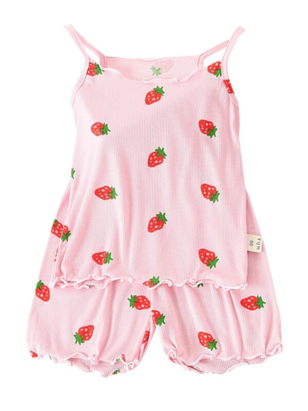 Two Piece Girl Strawberry Ribbed Set Cami Top + Shorts