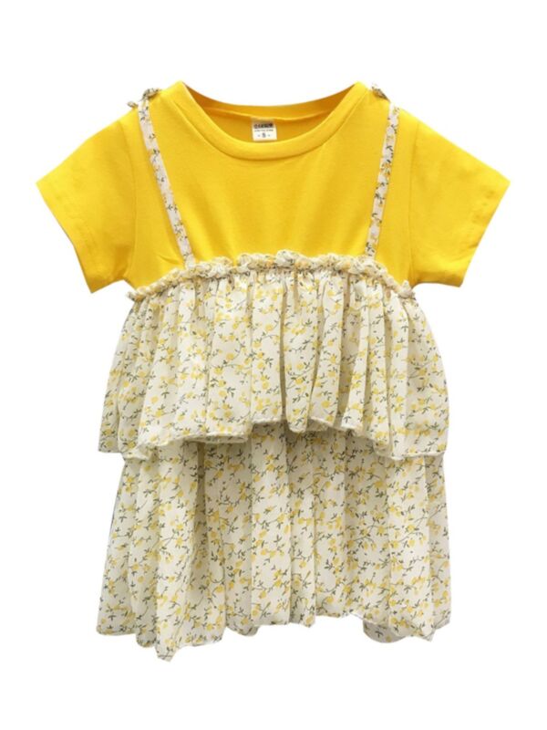Little Girl Fake Two Piece Floral Layered Dress