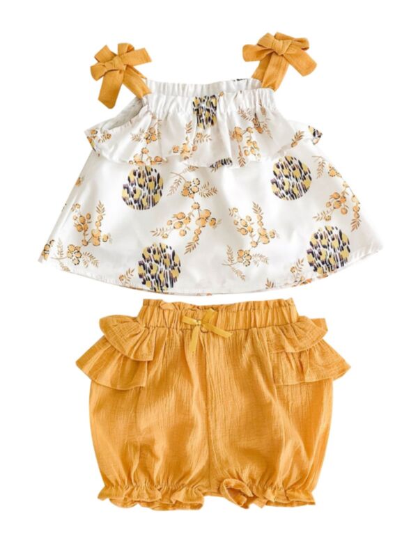 2 Piece Baby Printed Set Sleeveless Bow Top + Yellow Ruffle Shorts 