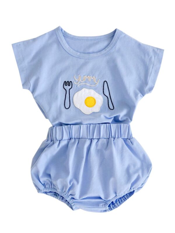 2 Pcs Summer Baby Cute Set Fried Egg Top + Solid Color Bread Pants 