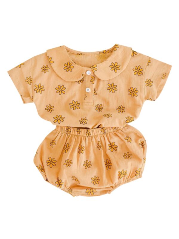 2-Pieces Baby Girl Floral Set Peter Pan Collar Top & Shorts