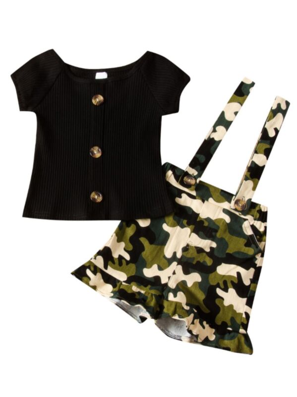 2-Piece Toddler Girl Black Ribbed Top & Camo Suspender Shorts Outfit