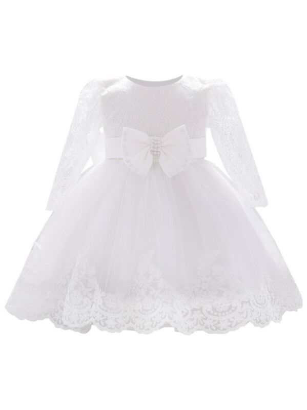 Baby Girl Lace Hollowed-out Long-sleeved Bowknot Party Frock