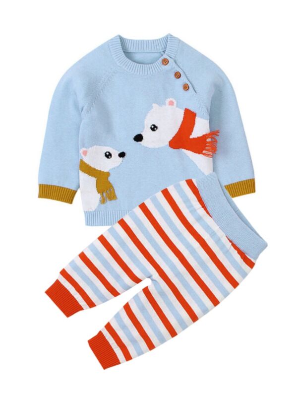 2 Piece Cute Baby Polar Bear Set Sweater Top & Stripe Pants