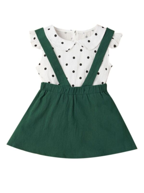 2-Piece Summer Toddler Girl Flutter Sleeve Polka Dots Top & Green Suspender Skirt Set