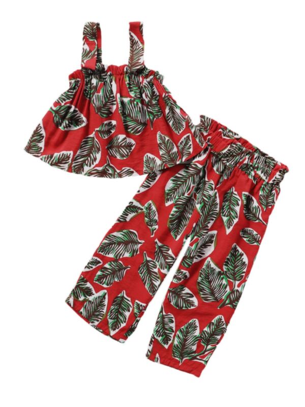 Two Piece Summer Little Girl Leaf Printed Set Cami Crop Top and Trousers 