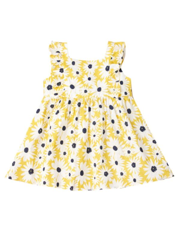 Baby Girl Flower Printed Yellow Suspender Dress