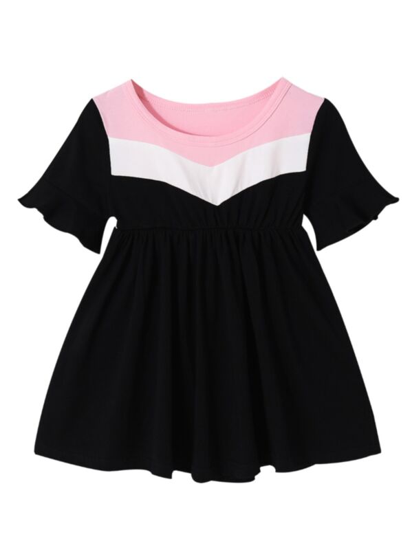 Little Girl Color Blocking Round Neck Simple Dress