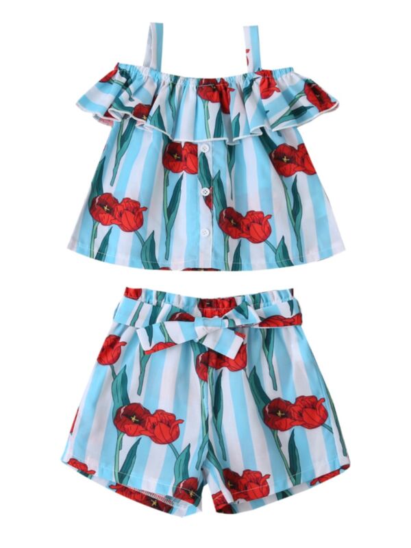 2-Piece Toddler Girl Flower Printed Cami Top Matching Belted Shorts Summer Set 