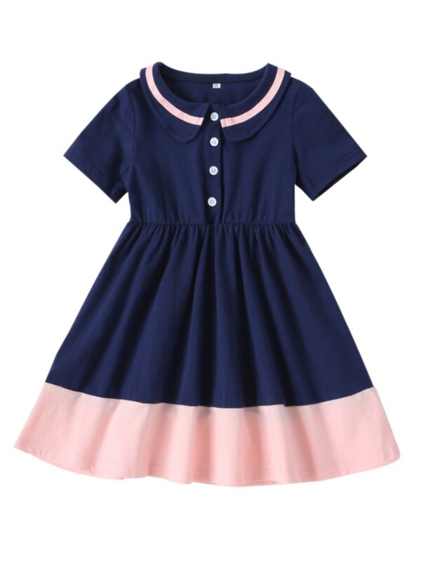 Little Girl Blue and Pink Peter Pan Collar Summer Dress