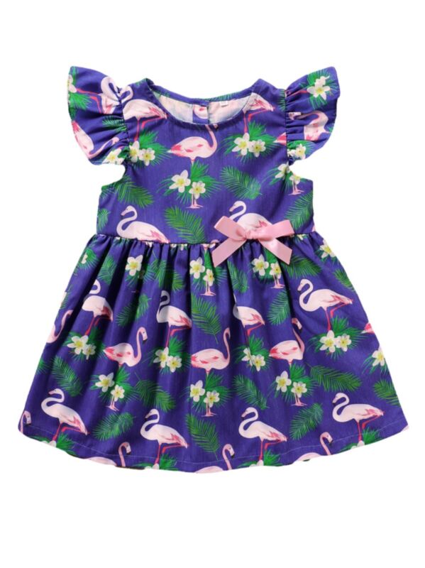 Stylish Girl Flamingos Printed Flutter Sleeve Dress