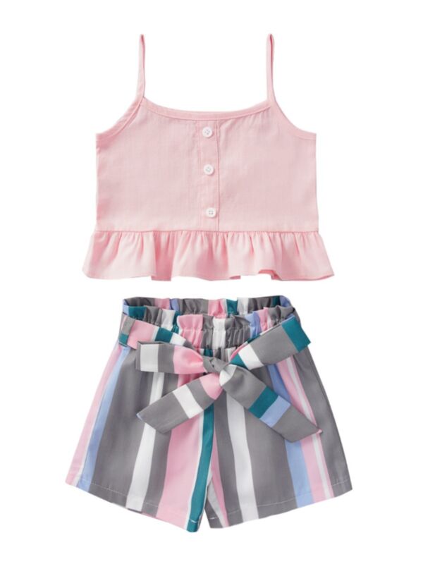 2-piece Little Girl Stripe Set Ruffle Hem Cami Top & Belted Shorts