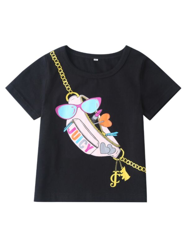 Cartoon Printed Little Girl Black T-shirt