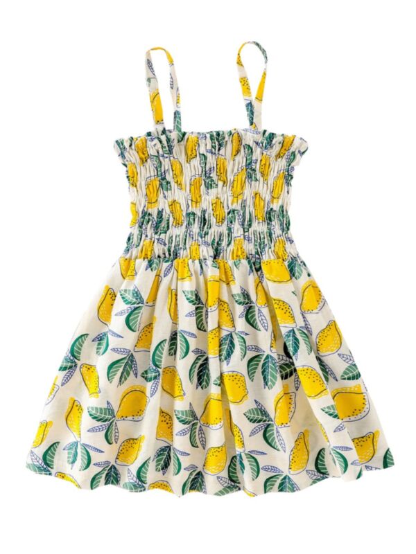 Little Girl Shirred Fruit Printed Cami Dress