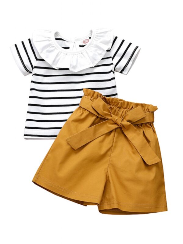 2 Piece Infant Girl Ruffled Collar Stripe Top & Belted Shorts Set