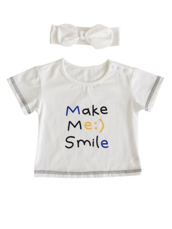 2 Pcs Make Me Smile Baby Girl T-shirt Matching Headband 