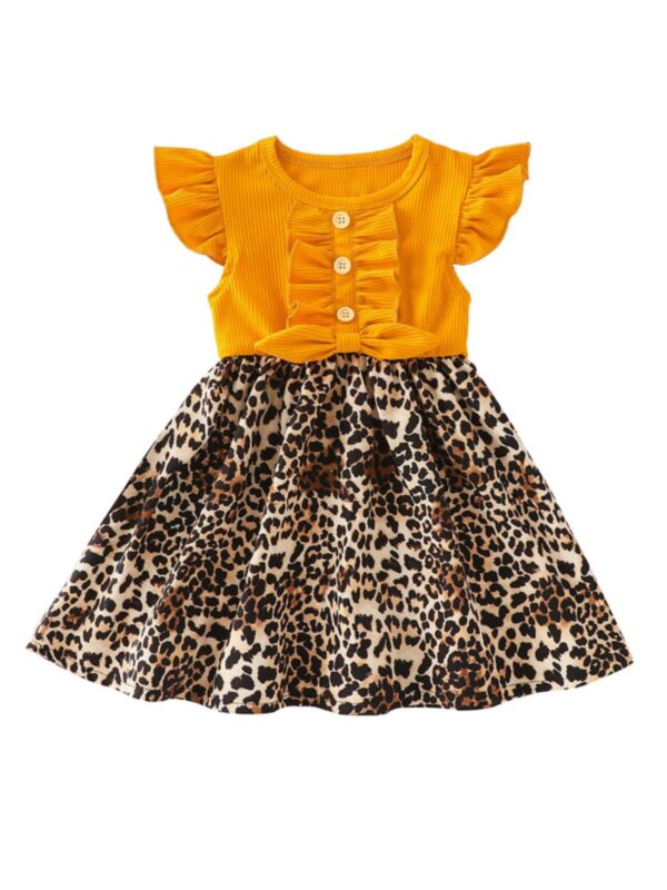 Toddler Girl Ribbed Leopard Printed Flutter Sleeve Dress