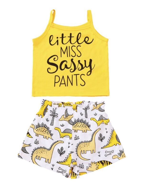 2-Piece Stylish Girl Little MISS Sassy PANTS Set Yellow Cami Top & Dino Shorts