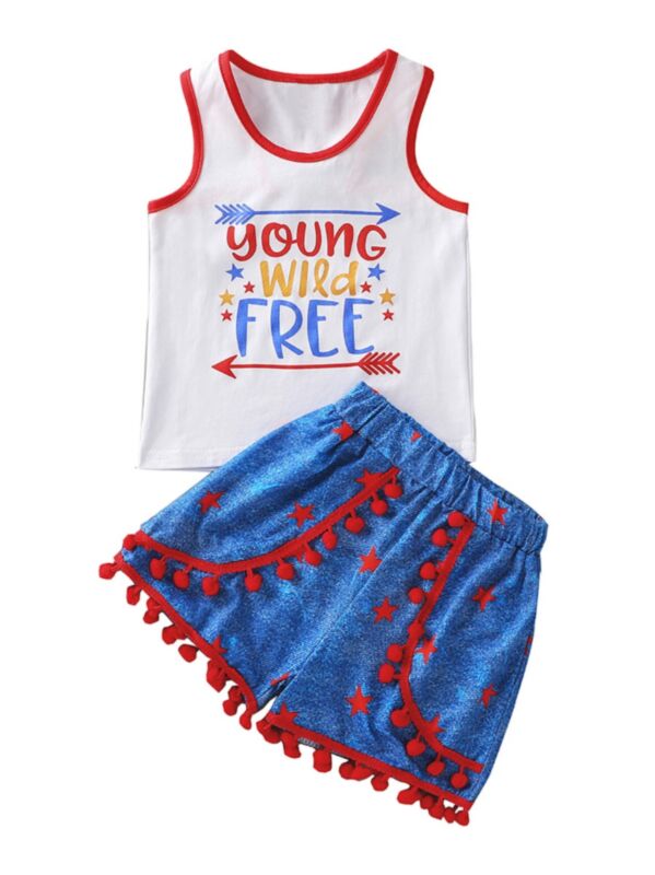2 PCS Independence Day Little Girl Set Young Wild Free Tank Top & Star  Tassels Shorts 