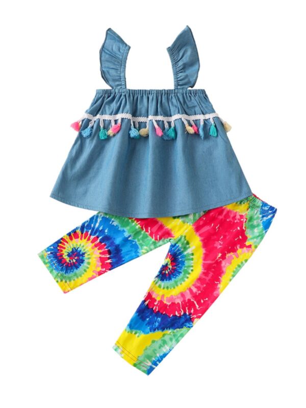 2 Piece Toddler Girl Denim Cami Top & Printed Pants Set