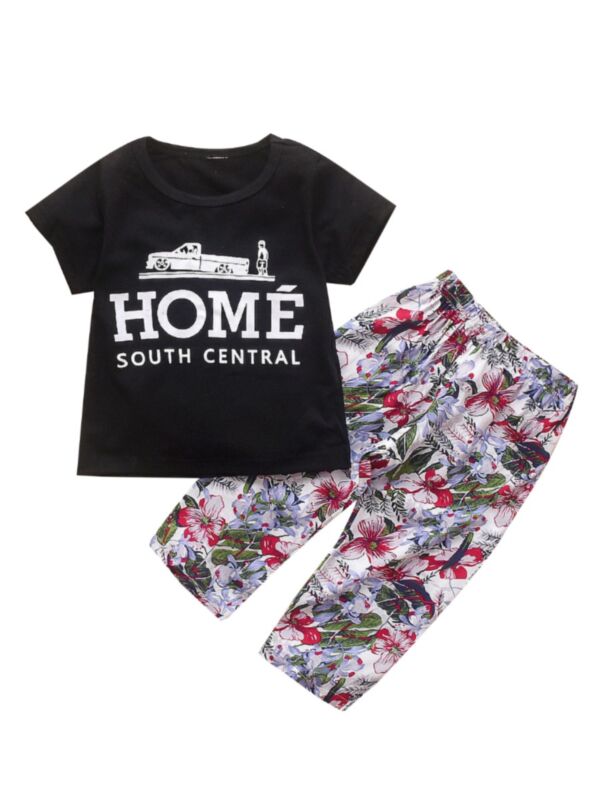 2 Pcs HOME SOUTH CENTRAL Kid Girl Black Tee & Floral Printed  Pants  Set