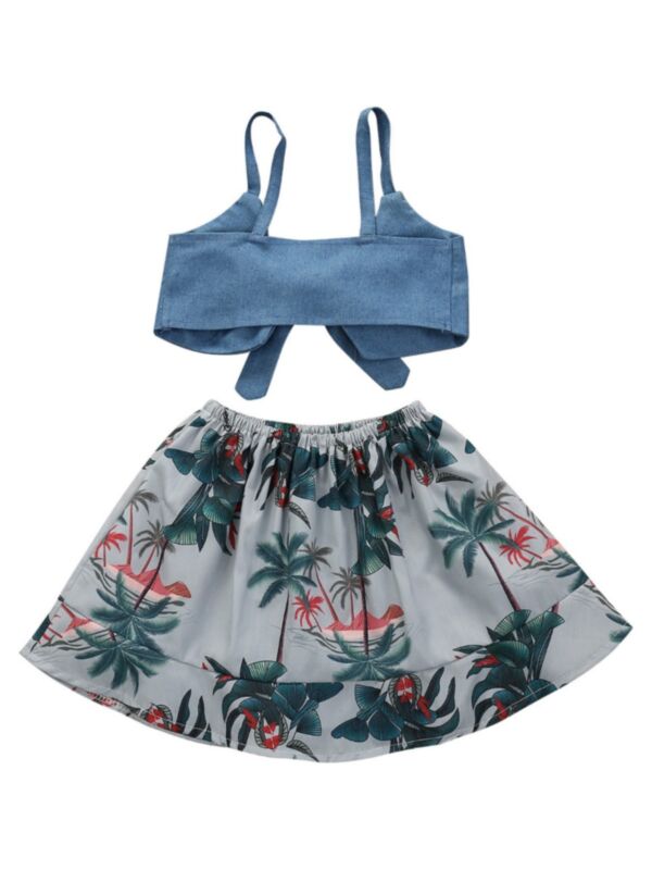 2 Piece Little Girl Crop Cami Top And Coconut Palm Printed Skirt Set