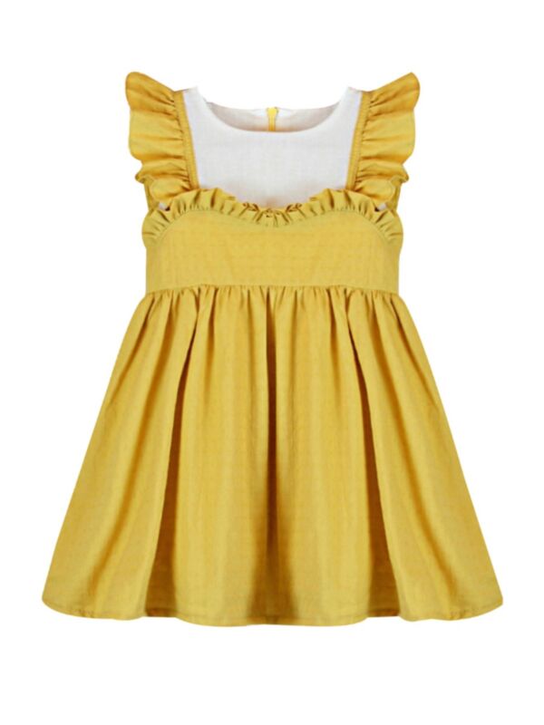 Fake Two Piece Kid Girl Colorblocking Yellow Dress 