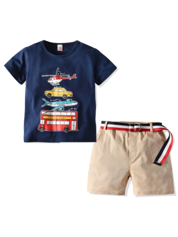 3 Piece Toddler Boy Cartoon Navy Top & Apricot Shorts & Belt Set