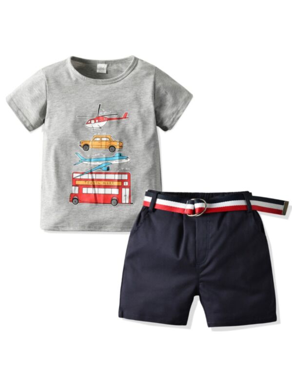 3 Piece Kid Boy Cartoon Grey Top & Shorts & Belt Set