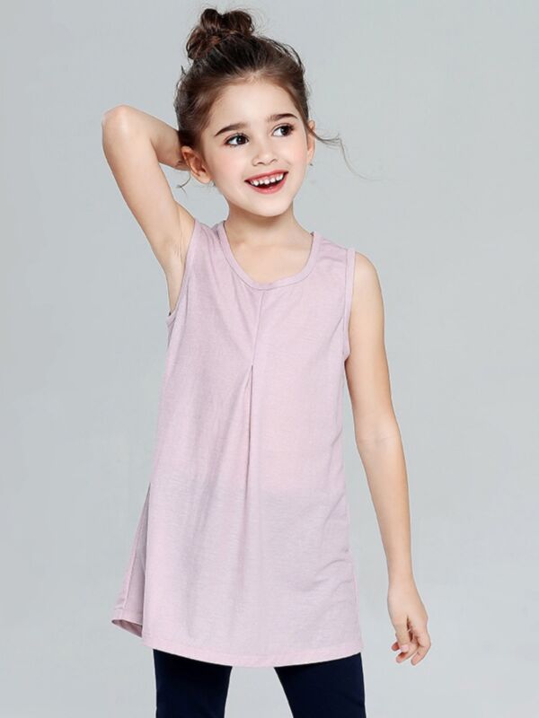 Girl Anti-mosquito Solid Color Round Neck Tank Dress