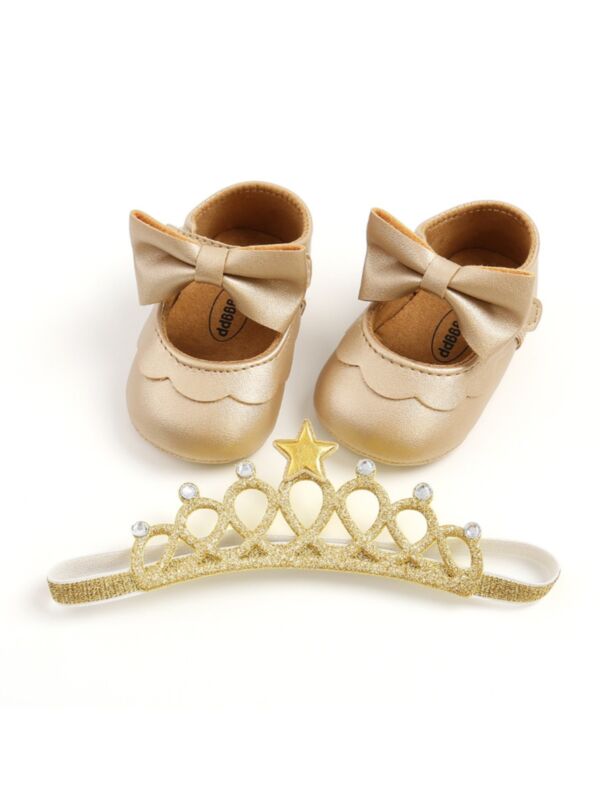 2 Pieces Baby Girl Soft Soled Non-slip Crib Shoes With Crown Headband