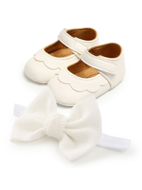 2 Pieces Baby Girl Soft Soled Non-slip Crib Shoes With Bowknot Headband